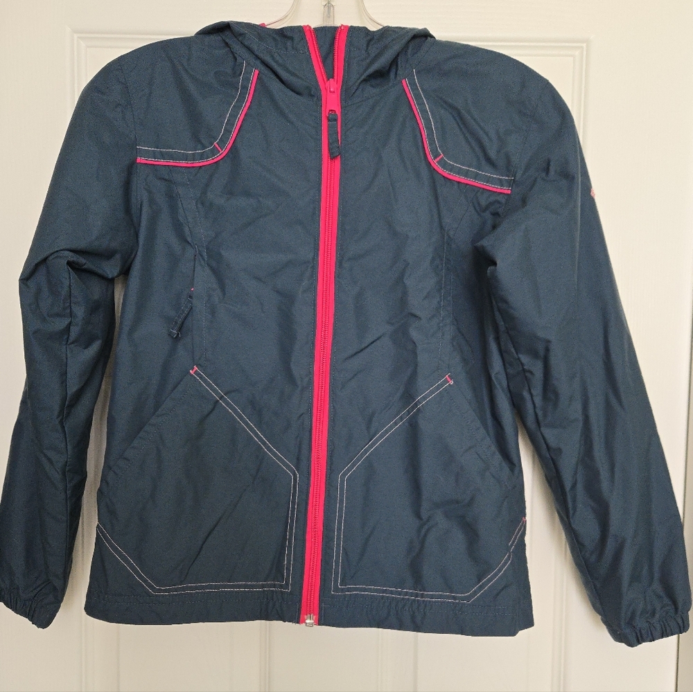 Columbia Navy Windbreaker With Magenta Pink Accents And Lining, Hood, Zipper